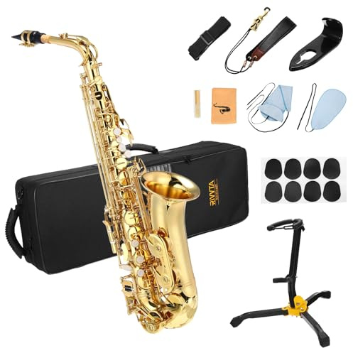 RIVVTA Eb Alto Saxophone, Professional Saxophones for Beginners, with Carrying Case, Foldable Stand, 5 Reed, Straps, Cleaning Care Kit, Brass Gold