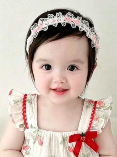 ICKEYOU Cerchietto per capelli per bambine e bambine, in pizzo, realizzato a mano, morbido, elastico, rosa, con fiocco, fascia per capelli con fiocco, fasce elastiche per capelli per bambini e neonati
