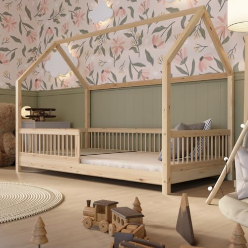 Crazy Pine - Sicheres aus Naturholz für Jungen und Mädchen - Montessori Hausbett - Kinderbett aus Massivholz mit Rausfallschutz - Crazy Polly (NaturalHolz, 160 x 80 cm)