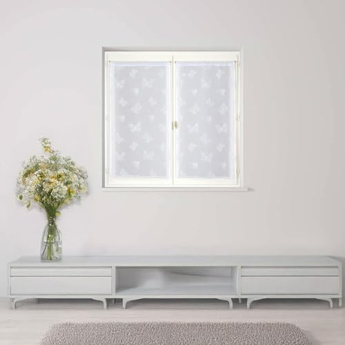 Atout Ciel Paire de Voilages Brodés Papillons, avec Passe-Tringle prêts à Poser, 2X 60x90cm, Blanc/Blanc