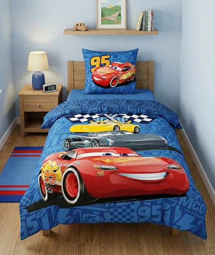 Disney Cars sängkläder - Flash McQueen - 100 % bomull - påslakan 140 x 200 cm + fyrkantigt örngott, Oeko-TEX certifierad, blå och röd
