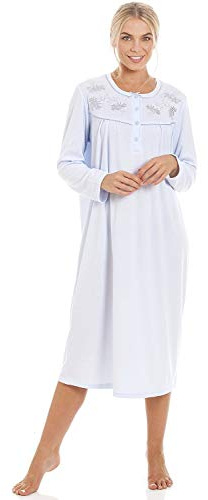 Camille Ladies Long Sleeved Nightdress | Below Knee Length | Neck Button Fastening Nightie with Embroidery | Traditional Nighty Design Fleece | Classic Nightwear | Blue 14-16