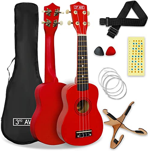 3rd Avenue Sopranukulelepaket för nybörjare från 3rd Avenue 53 cm (21 tum) – fodral, stativ, axelband, strängar, plektrum och klistermärken för greppbräda – röd
