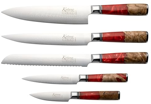 Katana Saya Elements 6-delat knivblock, vulkanröd – Högkolhaltigt VG-10 Damaskusstål för extrem hårdhet och skärpa – Handtag i naturligt olivträ och harts