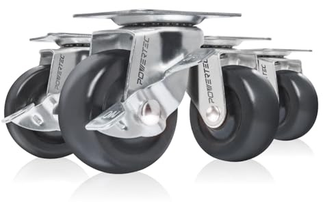 POWERTEC 2 Inch Swivel Caster Wheels Set of 4 with 264 lbs Loads (2 with Brakes & 2 Without), Heavy Duty Plate Casters, Rubber Castor Wheels for Furniture, Cart, Dolly and Workbenches (17211V)