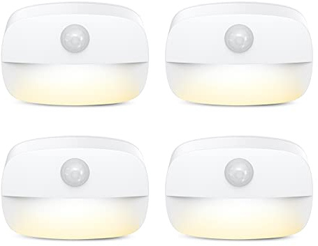 AMIR LED Nachtlicht mit Bewegungsmelder, 4 Stück Bewegungsmelder Nachtlicht mit Batterie, Auto EIN/AUS, LED Schrankbeleuchtung mit Haftend, Orientierungslicht für Kinderzimmer, Schlafzimmer, Flur