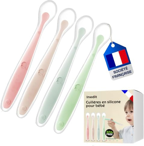 Cuillere Bebe 1er Age (4 Pièces) - Cuillère Bébé en Silicone - Cuillère Incurvée Souple Pour Les Repas de Bébé de Plus de 1 Mois - Qualité Garantie (4, Rose/Mauve/bleu/Vert)