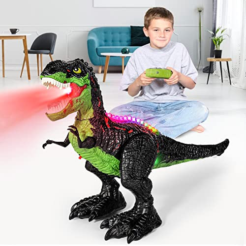 BAZOVE Ferngesteuert Dinosaurier Spielzeug, 2.4Ghz Elektronik T-Rex Dinosaurier Spielzeug mit 360° Drehstunt, Sprühfunktion, Brüllen und LED-Licht, Geschenk für Jungen Mädchen Kinder ab 3+