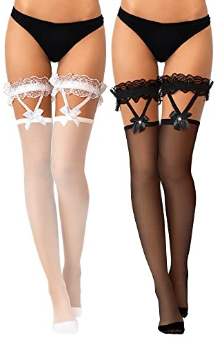 SATINIOR 2 Pares Medias con Lazo hasta Muslo Medias de Encaje con Tirantes para Halloween Navidad Disfraz Vestido (Negro, Blanco)