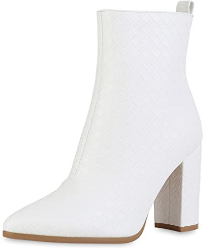 VAN HILL Damen Klassische Stiefeletten Prints Schuhe Blockabsatz Freizeit Booties Spitze Leder-Optik Absatzschuhe 212236 Weiss Muster 39