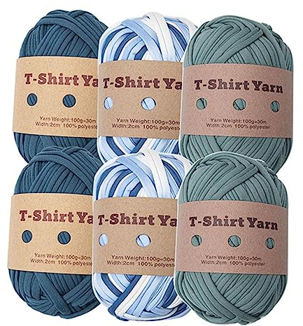 MagiDeal 6 Pièces Fil de T-Shirt Fil à Tricoter 3 Couleurs 6 Pelotes de 100g, 30m, Coton à Tricoter pour Fabrication de Bricolage, Sac, Panier, Couverture, Bleu Marine/Bleu Clair/Gris-Vert