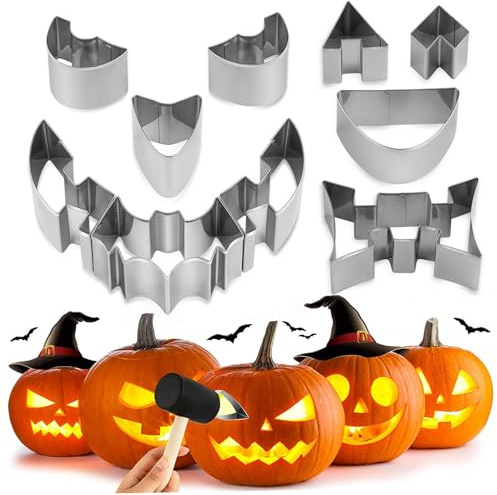 Halloween pumpa skulptur kit, pumpa snidning kakskärare, metallstenciler, 10 st, rostfritt stål pumpa snidningsverktyg, enkel och säker att