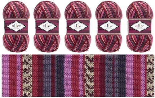 Alize Sock Yarn 5x100g Superwash Comfort Socks Wool 420 m Batik Self-Patterning Multicolour Yarn for Knitting and Crochet Sweater Vest Cardigan Blouse Scarve Hat Beanie Bootie Mitten Beret (2698)