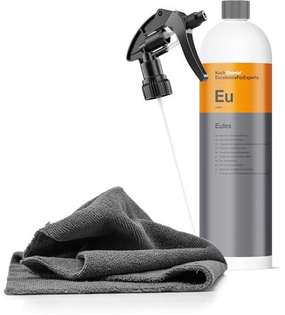 Klebstoffentferner Set | Koch Chemie Eulex 1l Klebereste Entferner + Sprühkopf + Mikrofasertuch | Entfernt Kleberückstände wie Aufkleber Etiketten von Glas Lack Metall etc. | Etikettenlöser