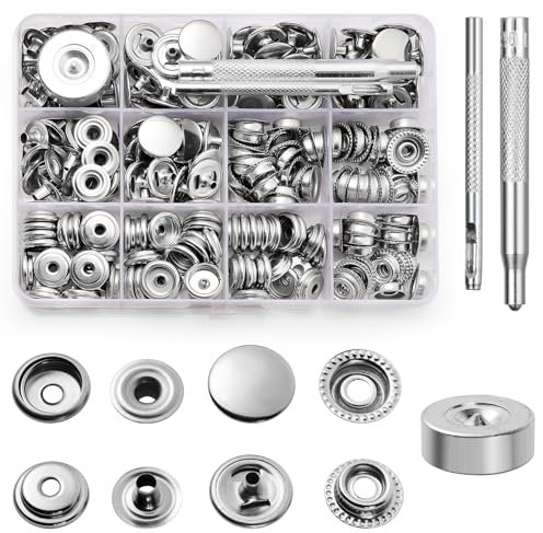 Amentalove 260 Stück Druckknöpfe Set,Druckknopfe Ohne Nähen,Druckknöpfe Metall,15mm Edelstahl Druckknopf mit 3 Einstellungswerkzeuge,Button Edelstahl Presse für Kleidung Jacken Taschen Leder DIY Craft