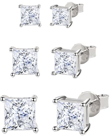 Hinvan 3 Paires Boucles d'oreilles en Argent Sterling 925 Carrées Zircone Clous d'oreilles Argent Boucles d'oreilles Argent Femme pour Femmes Hommes 4-6 mm