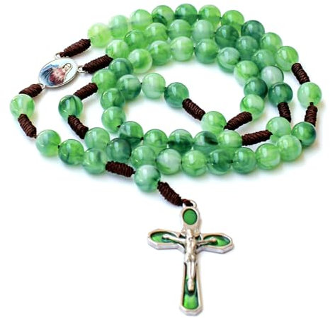 Noekye Rosenkranz Kreuz Kette Armband Rosary Beads Gebetskette Kruzifixe Deko Geschenk Erstkommunion Damen Männer, Grün