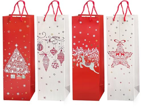 Bseical 12 Stück Flaschentüten Weihnachten, Geschenktüten Flaschen mit Griffen, 36 x 12cm Wein Geschenktüte, Papier Weintüten Weihnachten für Wein Whisky Champagner Weihnachtsfeier (A)