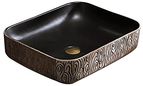 WOTZOV Ceramic Art Bathroom Vessel Sink, Industrial Style Countertop Rectangle Basin Sink Retro For Cloakroom Bathroom, Hand-carved Counter Top Washbasin 40 * 52 * 13cm