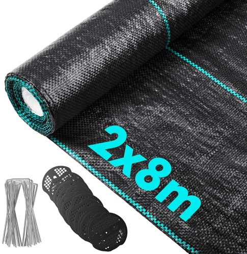 Vegamall 2x8M Toile de Paillage en 80g/m² Geotextile Anti Mauvaises Herbes Contre Les Mauvais Herbes Anti Repousse avec 30 Piquets d'ancrage et 30 Disques Tampons Inoxydables