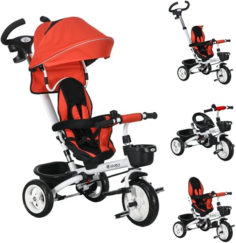 HOMCOM Triciclo para Bebés Plegable Triciclo Evolutivo 2 en 1 para Niños de 12-60 Meses con Toldo Plegable Mango de Empuje Telescópico Reposapiés Cinturón de Seguridad y Cestas Rojo