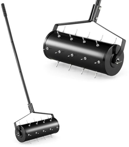 COSTWAY Rasenlüfter Walze manuell, 44 x 128 cm, Rasenrolle mit Stiel & Nägeln, Handvertikutierer rollend, Rasenbelüfter Gartenwalze, Vertikutierer Rasenwalze Garten Hof Rasen, schwarz