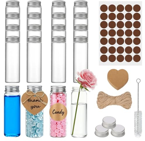 NAHUAA 20 Piezas 50 ml Tubos de Ensayo Cristal con Tapon de Rosca Probeta Vidrio Transparente Botecitos de Cristal Pequeños Tubos de Ensayo para Flores, Golosinas, Laboratorio, Sal de Baño, 3x10 cm