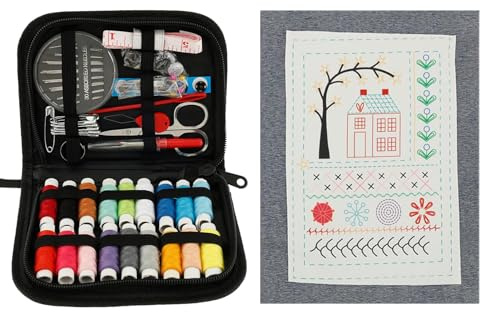 PORUPAEL Kit de libro de punto de bordado, 106 puntadas con herramientas de costura completas, juego de aguja e hilo portátil para principiantes, amantes de las manualidades, uso en viajes en casa