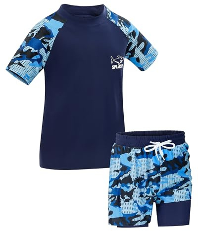KAKU NANU 2-delad kortärmad rashguard-skjorta dubbelskiktade badshorts 104 | Badset för pojkar, solskydd, lätt, snabbtorkande, ventilerande, strand, surfing, pool, svart blå vit