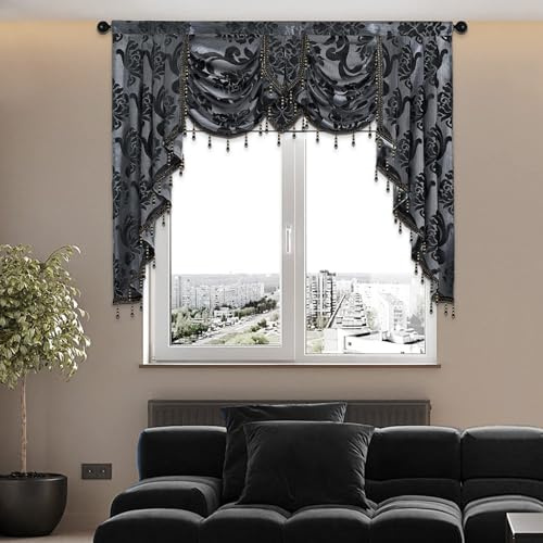 NAPEARL Cantonnière Cascade Noire pour fenêtres - Rideaux de Luxe pour Salon, Chambre à Coucher, Salle à Manger, Baie vitrée, Rideaux Jacquard de fenêtre festonnée, 155 cm de Large