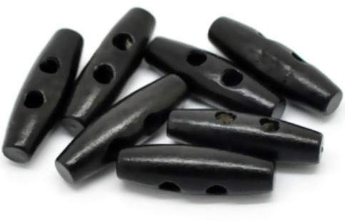 30 Holzknöpfe, Knebelknöpfe Oval 3,5 x 1,1 cm schwarz Knebel 2 Löcher längliche Knöpfe