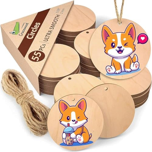 55 PCs Blank Wooden Craft Circles with Hole for Painting and Crafting - 4 cm Unfinished Wood Circles for Crafts - Round Wood Slices as Hanging Ornaments for Home Decoration
