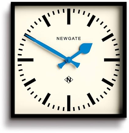 NEWGATE® Number Five wall Clock | Square Retro Inspired Modern Station Clock | 16 inch | Black with Blue Hands | Mid-Century Style for Kitchen, Living Room or Office