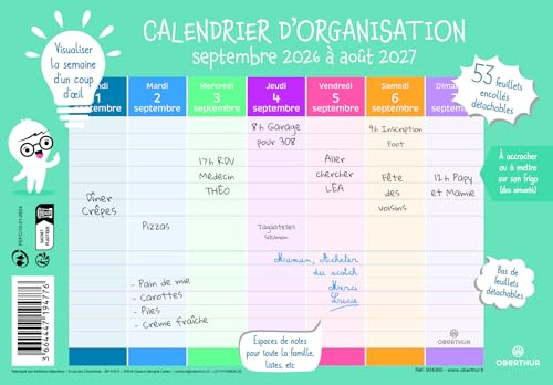 Oberthur - 1 Calendrier d'organisation - Septembre 2026 à Août 2027 - Format 18 x 23 cm