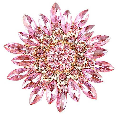 Rhinestone Large Flower Brooches Pins for Women Fashion Sparkly Crystal Sunflower Statement Brooch Wedding Party Suit Dress Formal Jewelry Accessories (pink)