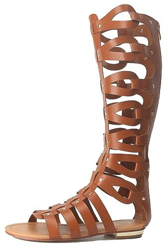 Hanfike Sandalias altas hasta la rodilla para mujer, botas planas romanas de verano con corte gladiador, Marrón, 39 EU