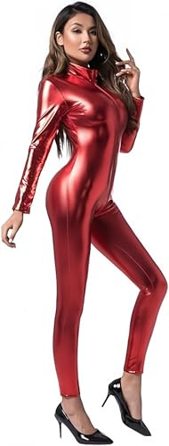 Yaaapiy Combinaison moulante en cuir pour femme - Paillettes - Catsuit brillant - Costume rave, fête, Halloween, discothèque, cosplay, effet mouillé, clubwear - Fermeture éclair une pièce, rouge, M