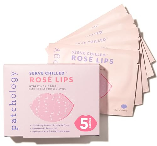 Patchology Serve Chilled Rosé Gel Lip Mask – Hydrating Mask with Resveratrol & Hyaluronic Acid for Soft Feel, Plumping & Moisture – Strawberry Scented, Solution for Dry or Chapped Lips, 5 Count
