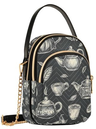Tea Set with Tea Pots Crossbody Bag for Women, Detachable Chain Bag Phone Purse Shoulder Handbag Wallet