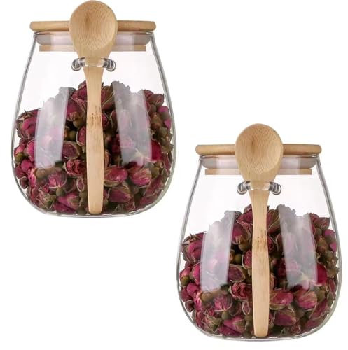Kujinova Vorratsgläser mit Deckel und Löffel, 2 Stück 600 ml Vorratsdosen mit Holzdeckel Meal Prep Gläser, Tee Kaffee und Zuckerdosen Sets, Aufbewahrungsgläser mit Deckel Luftdicht für Gewürzgläser