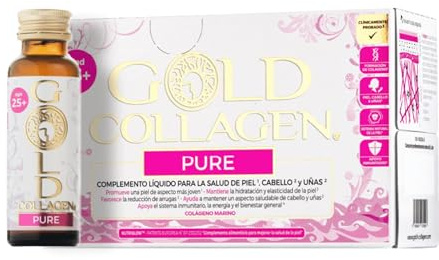 GOLD COLLAGEN Pure - Complemento Líquido de Colágeno Marino Hidrolizado para Cabello, Piel y Uñas Antiarrugas y Sistema Inmunológico con Vitamina C E B6 Ácido Hialurónico Biotina Zinc, 1 Caja 10x50 ml