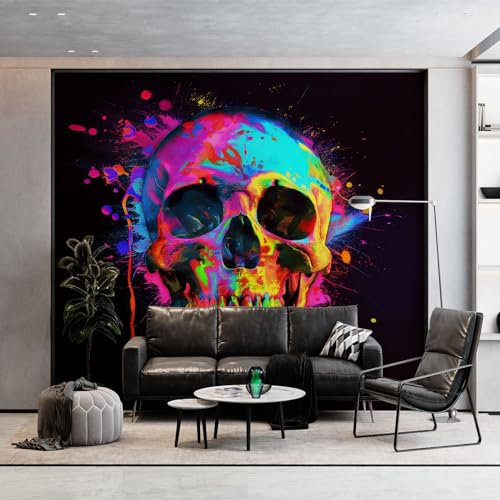 Custom Neon Paint Skull Panoramic Wall Mural, Black Wallpaper 350 x 256 cm (W x H), Modern Wall Art Mural Panoramic Poster Wallpaper for Living Room Bedroom Office