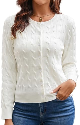 GRACE KARIN Womens Long Sleeve Button Up White Cardigan Lightweight Cable Knit Button Down Sweaters Spring Outfits M