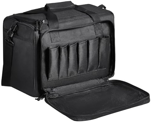 SKYSHALO Gun Carrier for Trio of Handguns, Modular Shooting Gear Bag with Removable Dividers & Space for 6 Magazines, Durable Sidearm Tote for Outdoor Pursuits, Includes Shoulder Strap, in Black