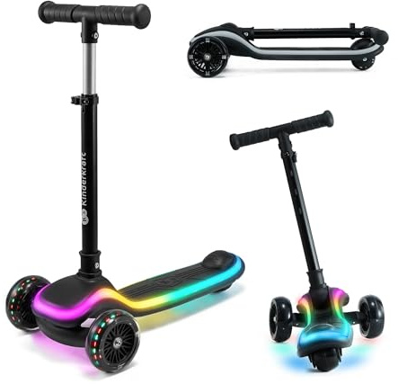 Kinderkraft RAKET Monopattino Bambini 2+ Anni a 3 Ruote con Luci LED RGB – Leggero e Pieghevole, Manubrio Regolabile, Sistema di Equilibrio, Freno Sicuro, Nero