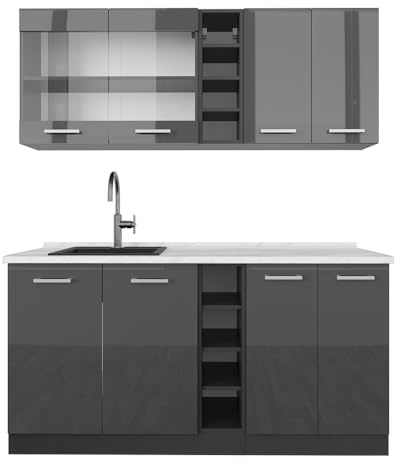 Vicco Singleküche R-Line, Anthrazit Hochglanz/Anthrazit, 160 cm, AP Marmor, zur individuellen Erweiterung mit zusätzlichen Modulen geeignet