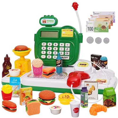 Kids Cash Register Toy with Scanner & Sounds ,Pretend Play Supermarket Set with Play Money, Credit Card & Calculator | Educational Role-Play Gift for Ages 3+