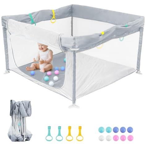 HOMGEN Foldable Playpen for Babies and Toddlers Large 120x120cm Portable Play Pen with Washable Fabric, X-Fold Design & Travel Bag Includes Ocean Balls & Pull-Up Handles for Indoor/Outdoor Use