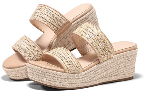 Coutgo Womens Platform Wedge Sandals Espadrille Raffia Heeled Slides Open Toe Two Band Summer Beach Vacation Shoes, Khaki, Size 8