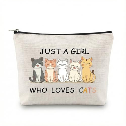 Cat Makeup Bag, Cream Zip Pouch with 5-Cat Print and Wide Opening, 1-Pack | Metal Zip Pull, Stores Cosmetics, Brushes And Small Toiletries In Handbags, Travel Luggage Or Bathroom Storage